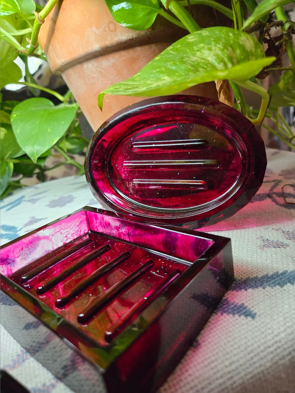 Handcrafted Deep Reddish Purple Resin Soap Dish Set